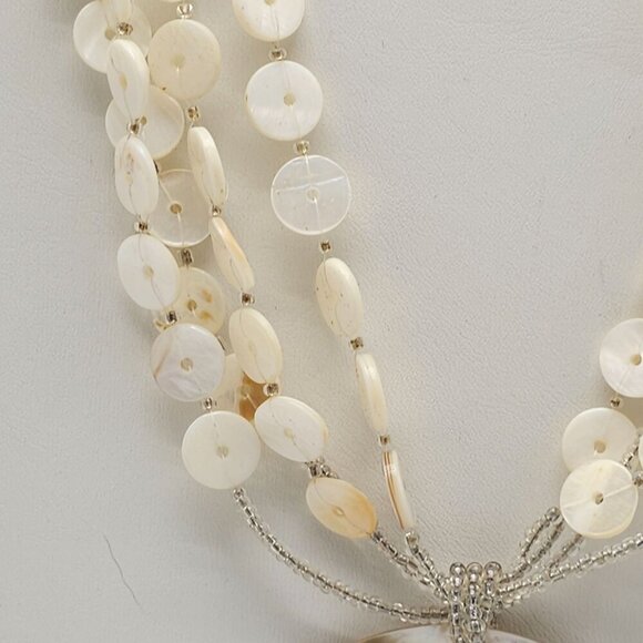 Mother Of Pearl Shell Necklace With Beaded Button Shape Accents Round Pendant - Picture 3 of 6